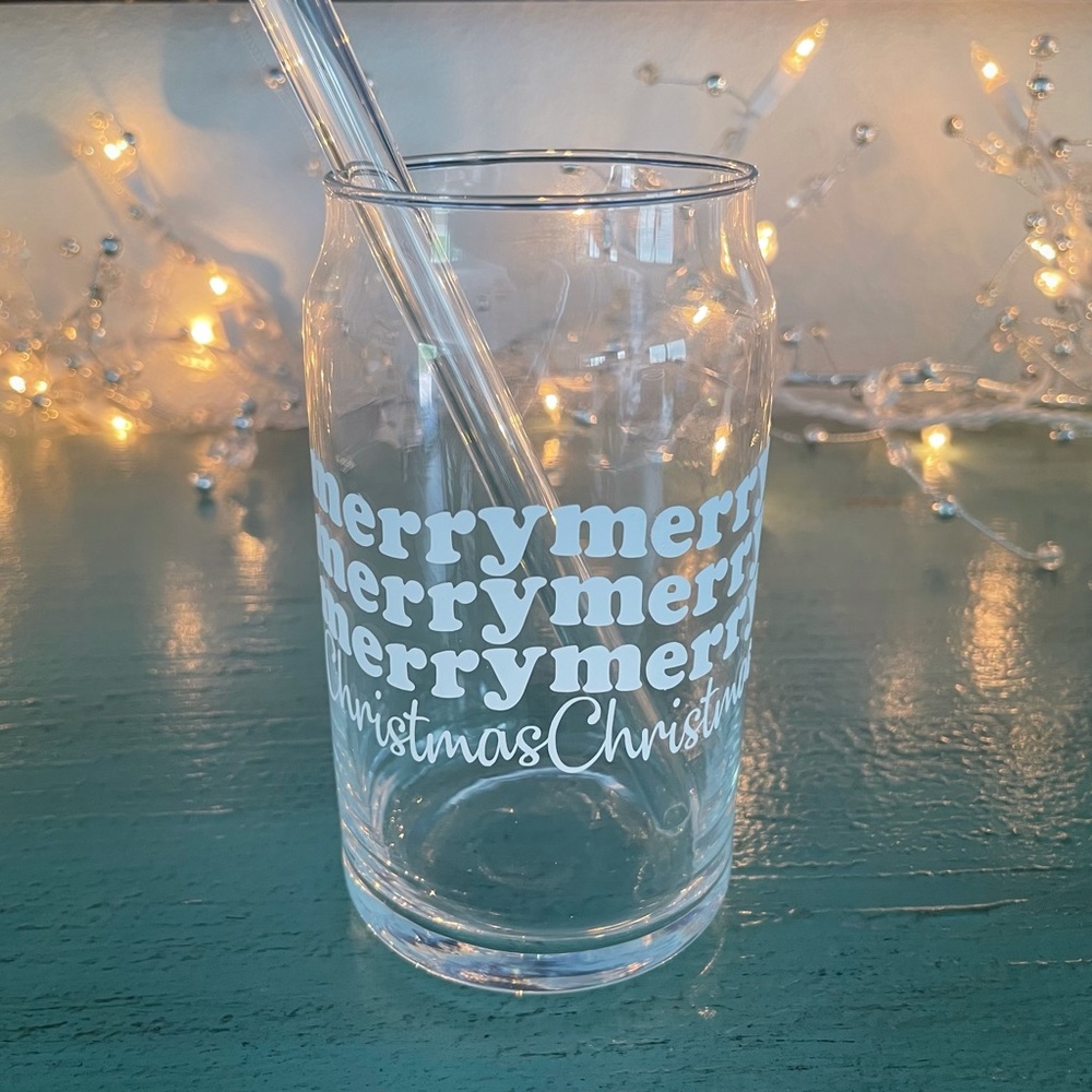 Handmade 16oz glass with glass straw / Merry Christmas 🎅🏻🎄